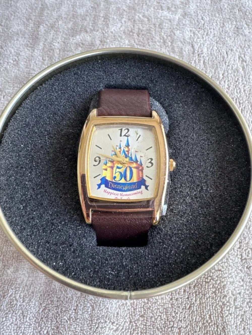 Disneyland 50th Anniversary Watch Brown Leather Strap & Commemorative Tin Box